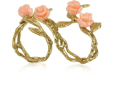 Bernard Delettrez Designer Rings Two Fingers Leafy Bronze Ring W/4 Pink Resin Roses In Doré
