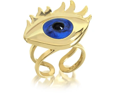 Bernard Delettrez Rings Blue Enamel Eye Bronze Ring In Doré