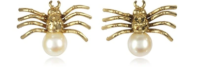 Bernard Delettrez Earrings Bronze Spider Earrings With Pearl In Doré