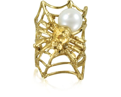 Bernard Delettrez Designer Rings Web And Spyder Bronze Ring W/pearl In Doré