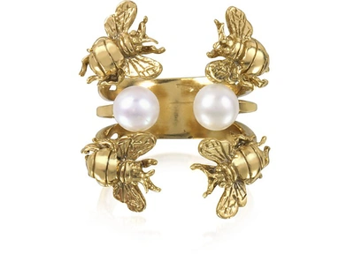 Bernard Delettrez Rings Bees And Pearls Bronze Ring In Doré
