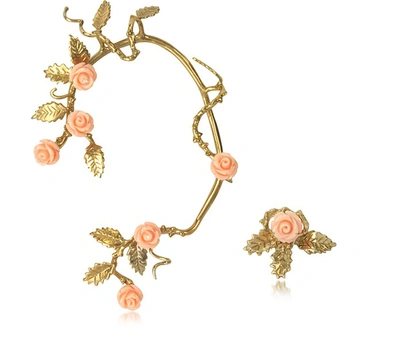 Bernard Delettrez Designer Earrings Bronze Ear Cuff W/pale Pink Resin Roses In Doré