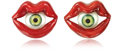 Bernard Delettrez Designer Earrings Red Enamel Bronze Mouth Earrings W/eye In Rouge