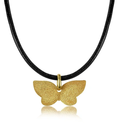 Stefano Patriarchi Designer Necklaces Golden Silver Etched Butterfly Pendant W/leather Lace