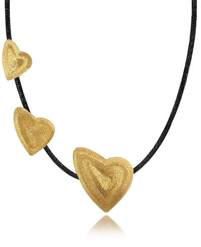 Stefano Patriarchi Designer Necklaces Etched Golden Silver Triple Heart Choker W/ Leather Lace