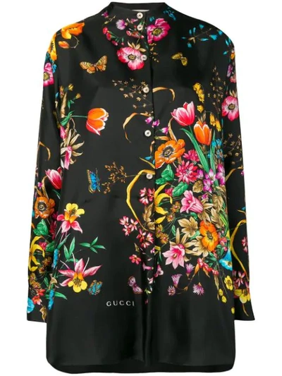Gucci Oversized Floral-print Silk-twill Shirt In Black
