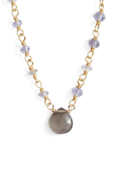 Ela Rae Lori Pendant Necklace In 14k Gold-plated Sterling Silver, 14 In Iolite/ Grey Moonstone