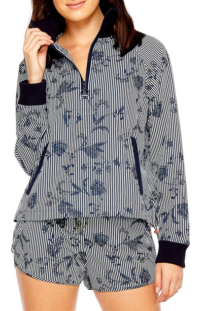 The Upside Florence Striped Floral Quarter-zip Jacket In Navy/white