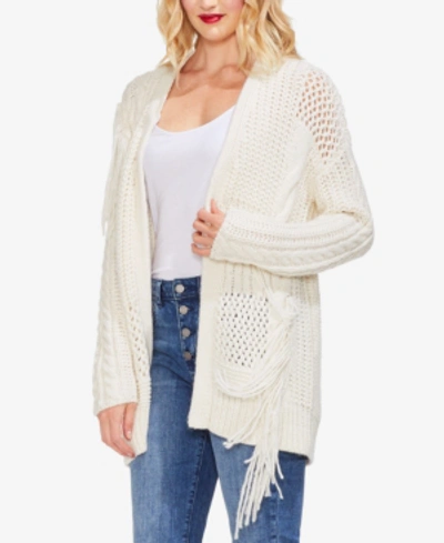 Vince Camuto Mixed-knit Long Open Cardigan In Pearl Ivory