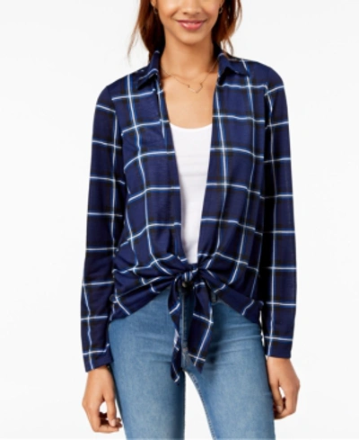 Almost Famous Juniors' Plaid Layered-look Top In Navy