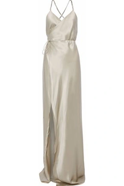 Michelle Mason Open-back Silk-satin Wrap Gown In Platinum