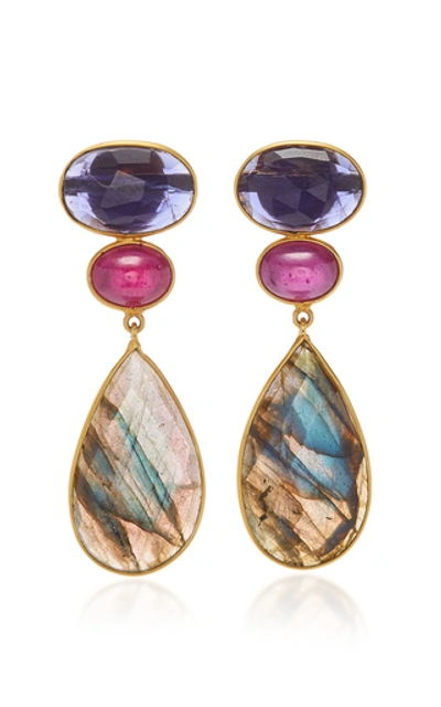 Bahina 18k Gold Iolith, Ruby And Labradorite Earrings In Blue