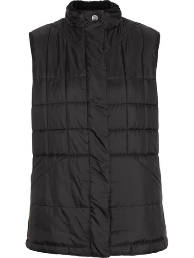 Burberry Faux Shearling Collar Lightweight Quilted Gilet In Black