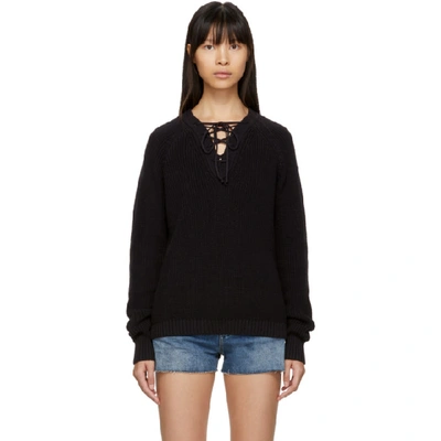 Saint Laurent Black Laced V-neck Sweater In 1000 Black