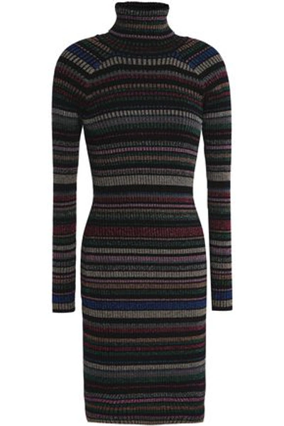 Milly Woman Metallic Striped Ribbed-knit Mini Dress Black