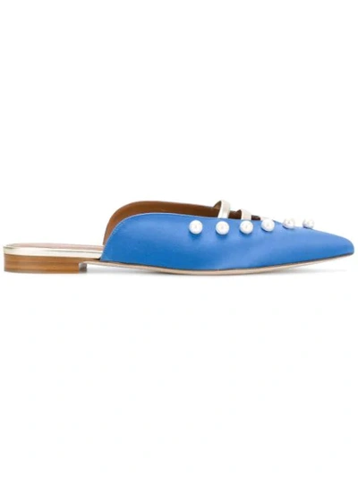 Malone Souliers Woman Zelda Metallic Leather-trimmed Faux Pearl-embellished Satin Slippers Blue