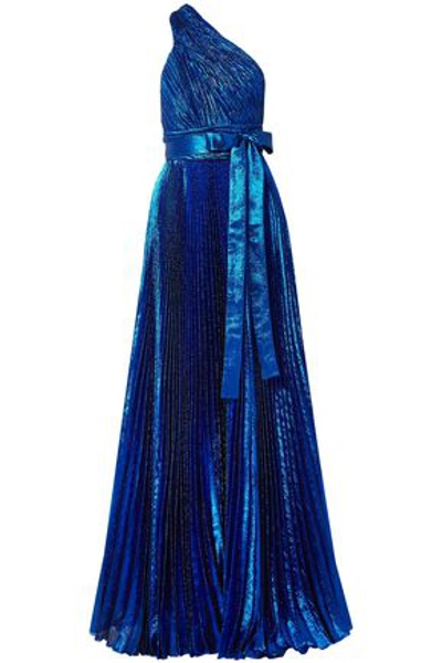 Elie Saab One-shoulder Plissé Silk-blend Lamé Gown In Bright Blue