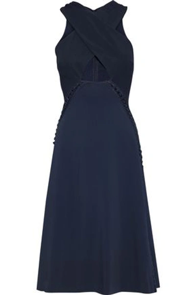 Jonathan Simkhai Crossover Faille-paneled Lace-up Crepe Dress In Navy