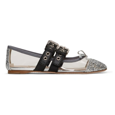 Miu Miu Transparent & Silver Double Bands Ballerina Flats In Grey