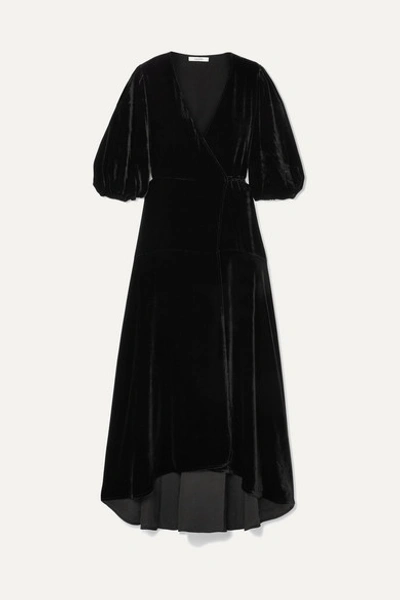 Ganni Aldine Velvet Midi Wrap Dress In Black