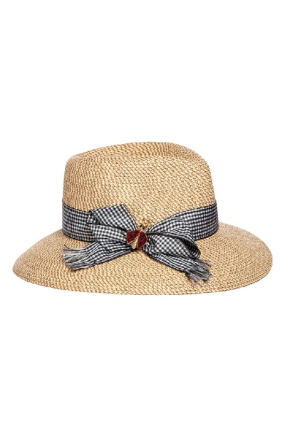 Eric Javits Woven Fedora W/ Gingham Hat Band & Lady Bug Brooch In Peanut/ Black Check