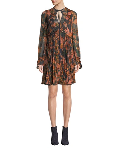 Coach Forest Floral Print Pleated Dress With Necktie In Multi - Size 02 In Green/peach