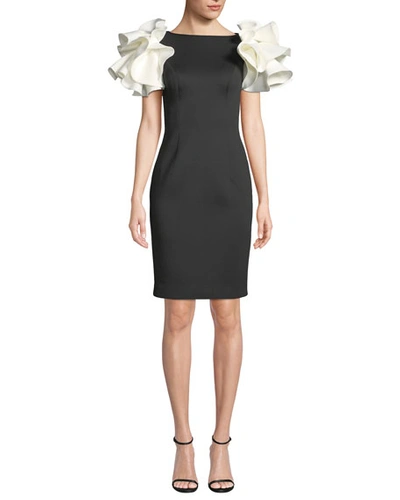 Jovani Bateau-neck Knee-length Scuba Dress W/ Contrast Puff Sleeves In Black/white
