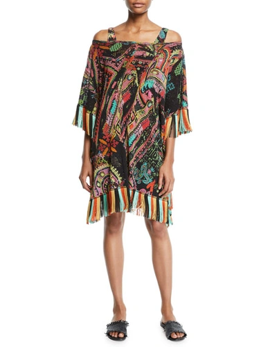 Fuzzi Stitch-print Tulle Coverup Dress With Fringe In Black