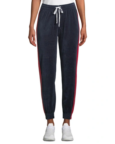 Kendall + Kylie Drawstring Side-stripe Velour Track Pants In Navy