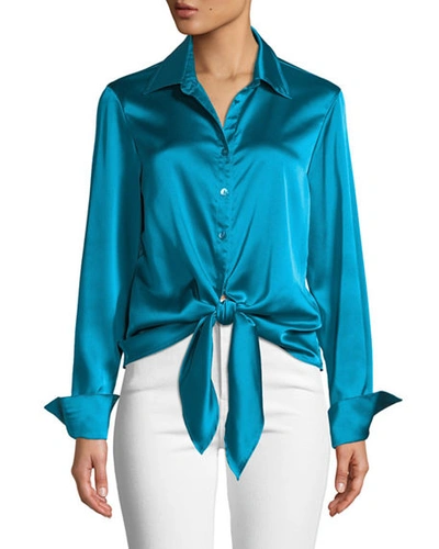 Finley Lindy Button-front Long-sleeve Satin Blouse W/ Tie-front In Teal