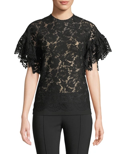 Valentino Flutter-sleeve Lace Blouse In Black