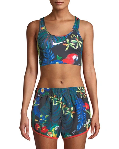 Nike Swoosh Floral-print Mid-impact Sports Bra In Black/white | ModeSens