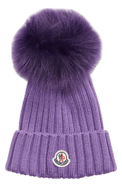 Moncler Genuine Fox Fur Pom Wool Beanie - Purple In Light Purple