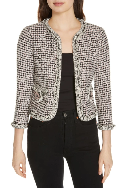 Rebecca Taylor Houndstooth Tweed 3/4-sleeve Jacket In Black/pink Combo