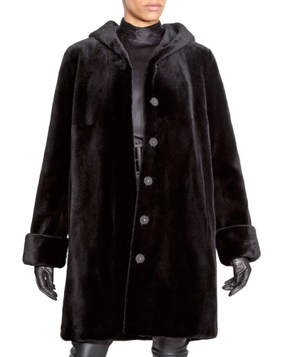 Norman Ambrose Reversible Sheared Mink Fur Hooded Coat In Black