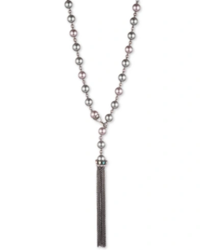Carolee Hematite-tone Crystal, Imitation & Freshwater Pearl (10mm) Chain Tassel 18" Lariat Necklace In Multi
