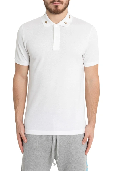 Gucci Embroidered Collar Polo Shirt In Bianco