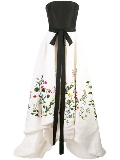 Oscar De La Renta Strapless Ribbon-belt Botanical-embroidered High-low Evening Gown In Black White Multi