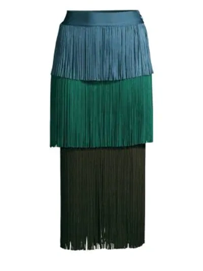 Herve Leger Color Block Fringe Skirt In Green Blue