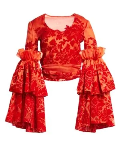 Rosie Assoulin Flocked Silk Organza Top In Red