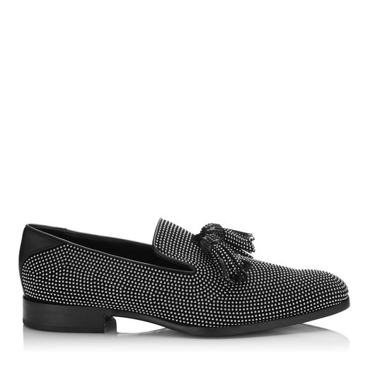 Jimmy Choo Foxley Steel Micro Studded Black Leather Tasselled Slippers ...