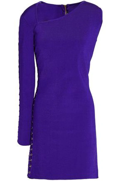 Balmain Woman One-shoulder Lace-up Stretch-knit Mini Dress Indigo In Violet