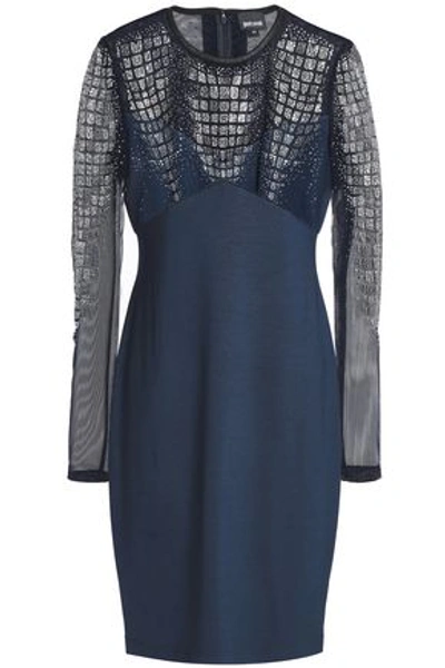 Just Cavalli Woman Embellished Tulle And Stretch-jersey Mini Dress Navy In Black