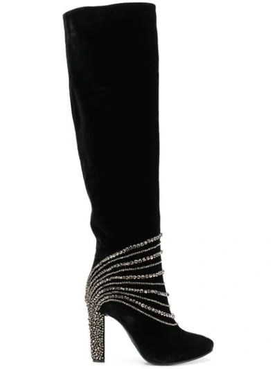 Alberta Ferretti Thigh High Embellished Boots In Black