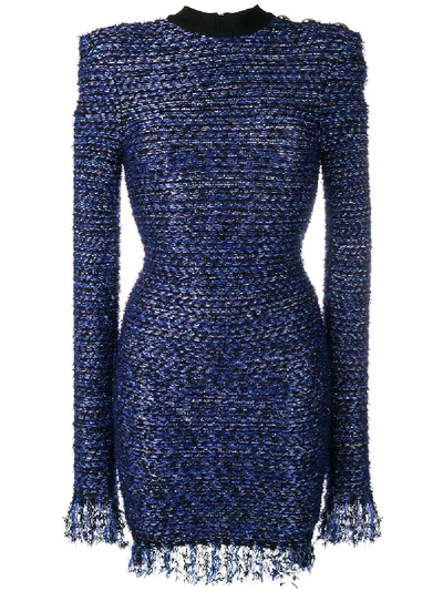 Balmain Fringed Tweed & Lurex Mini Dress In Blue