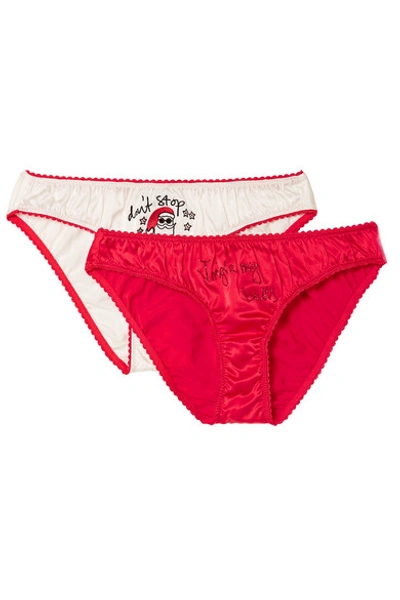 Stella Mccartney Gift Set Of Two Ruched Stretch-silk Satin Briefs In Red