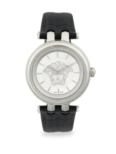 Versace Analog Stainless Steel & Leather-strap Watch In Grey