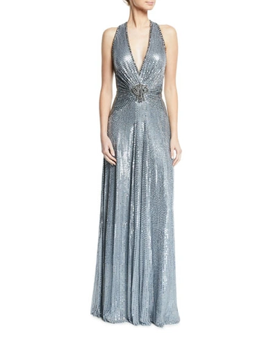 Jenny Packham Crisscross-back Metallic V-neck Gown In Blue Metallic