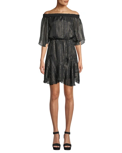 Halston Heritage Smocked Off-the-shoulder Metallic Chiffon Dress