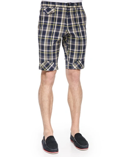 Band Of Outsiders Plaid Shorts With Bias Patches In Multi Colors